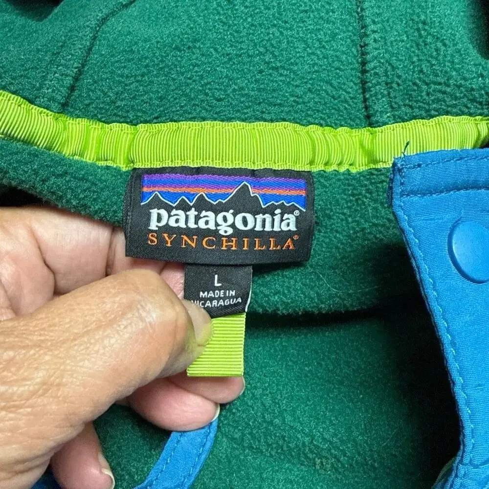 Patagonia Men’s Size Large Synchilla Snap-T Hoodie Green Purple Blue Fleece Gorp